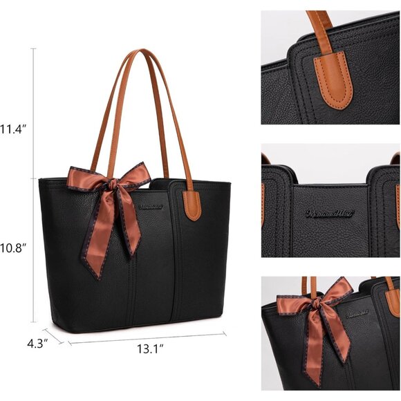 Women Jet Black Imported Vegan Leather Medium Top Handle Satchel Tote Bags - Picture 4 of 6